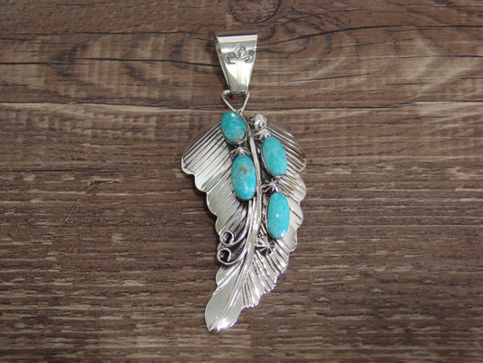 Native American Sterling Silver & Turquoise Feather Pendant by Yazzie