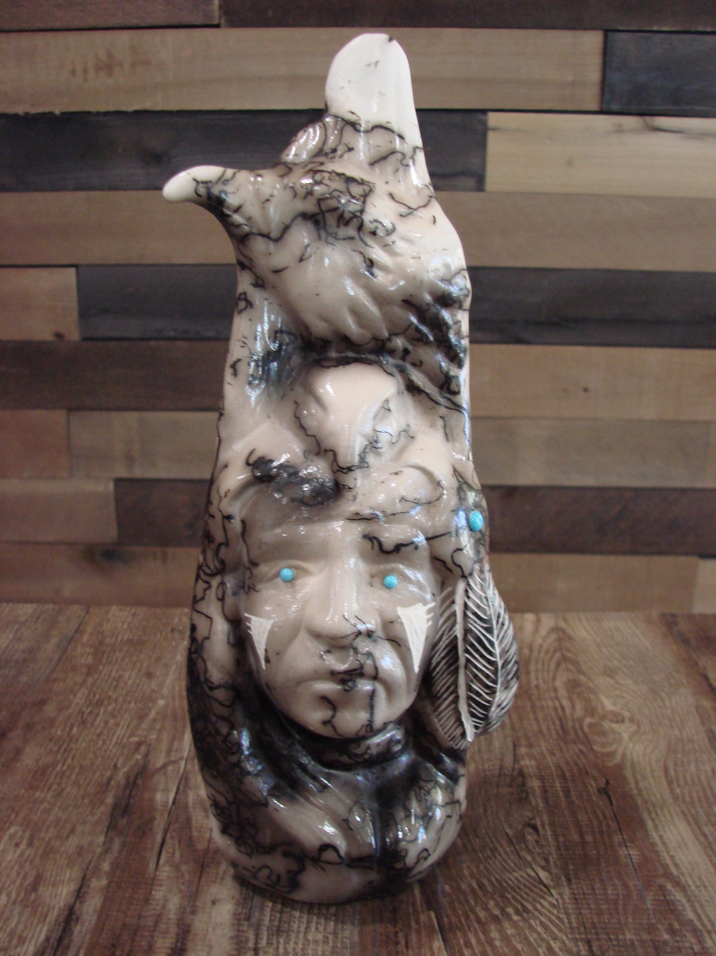 Native American & Eagle Horse Hair Pottery Sculpture by Vail