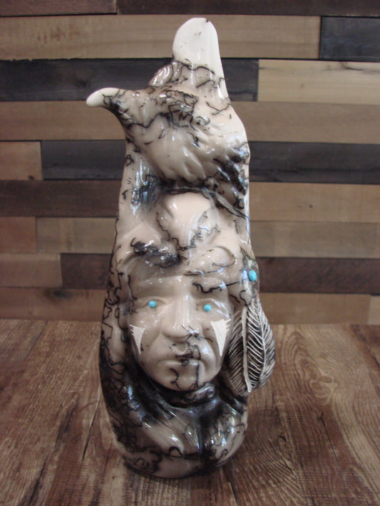 Native American & Eagle Horse Hair Pottery Sculpture by Vail