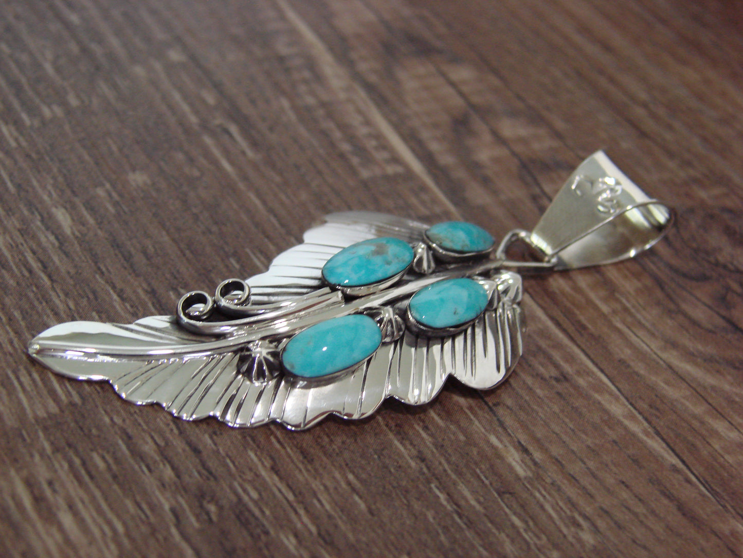 Native American Sterling Silver & Turquoise Feather Pendant by Yazzie