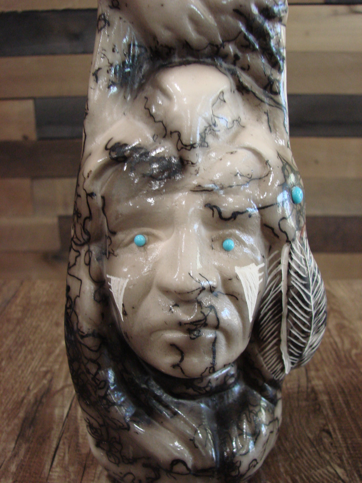 Native American & Eagle Horse Hair Pottery Sculpture by Vail