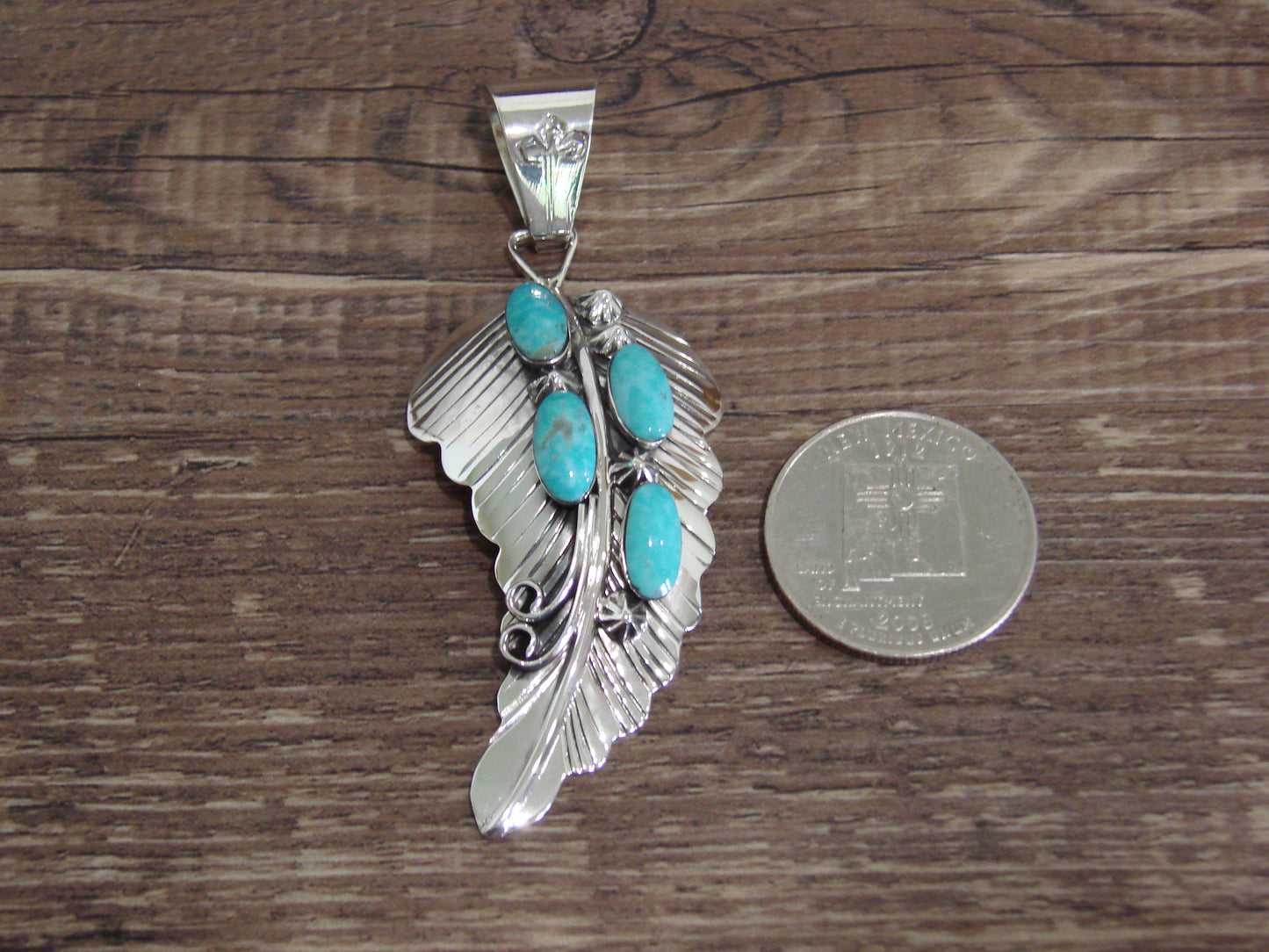 Native American Sterling Silver & Turquoise Feather Pendant by Yazzie