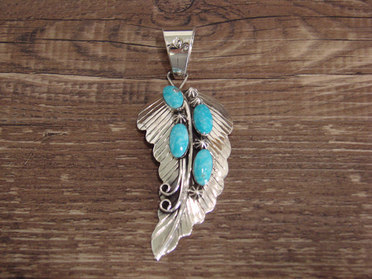 Native American Sterling Silver & Turquoise Feather Pendant by Yazzie