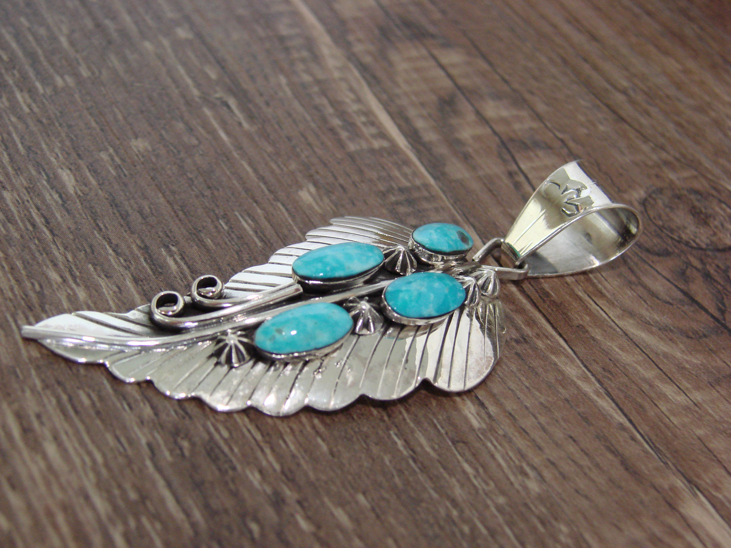 Native American Sterling Silver & Turquoise Feather Pendant by Yazzie