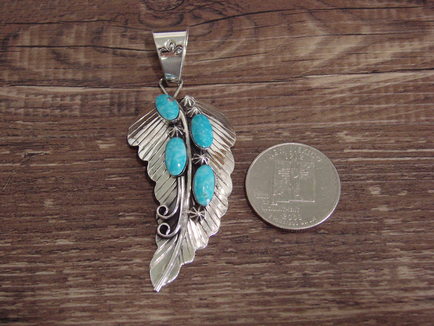 Native American Sterling Silver & Turquoise Feather Pendant by Yazzie