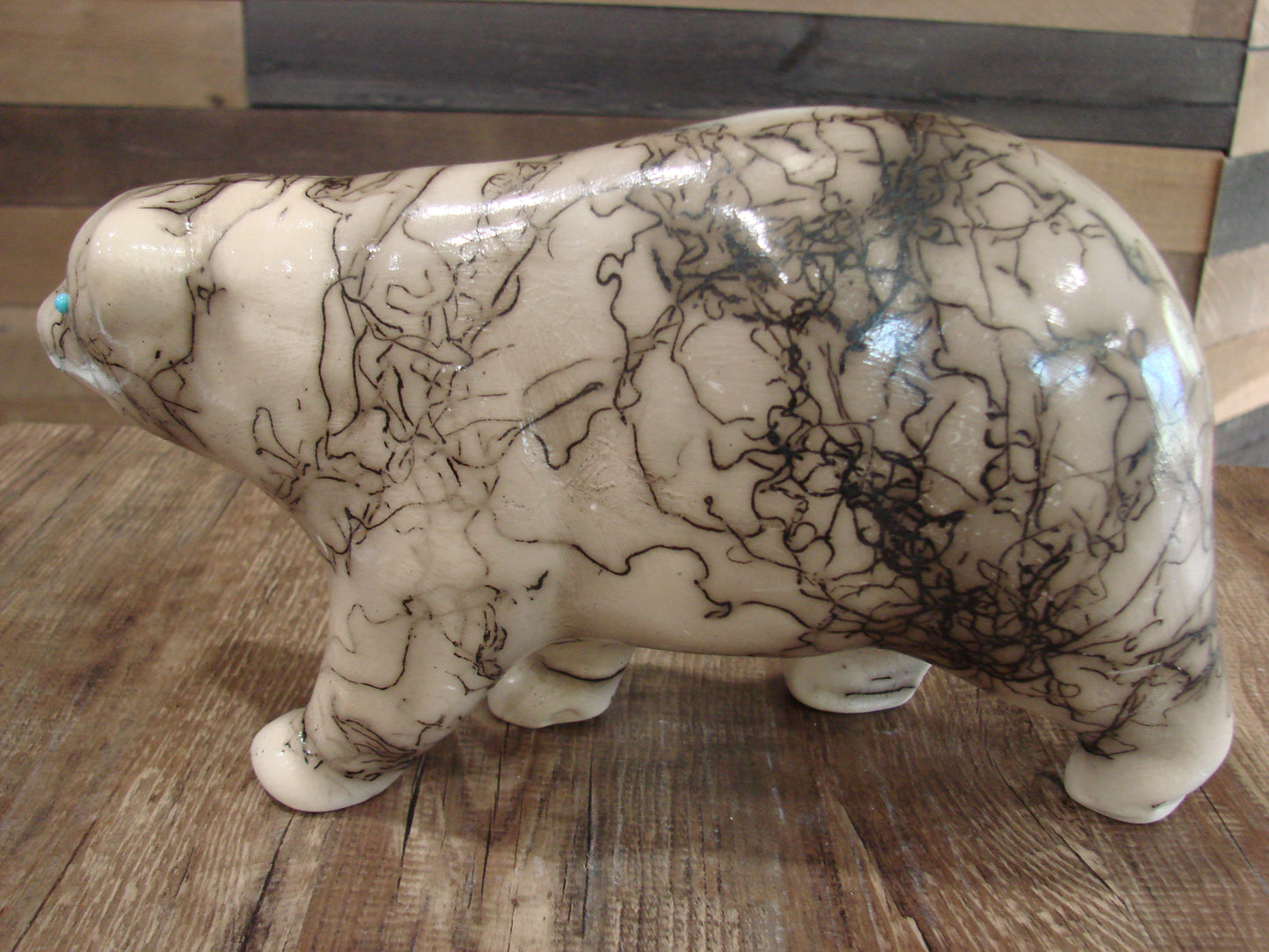 Native American Horse Hair Bear Pottery Sculpture by Vail