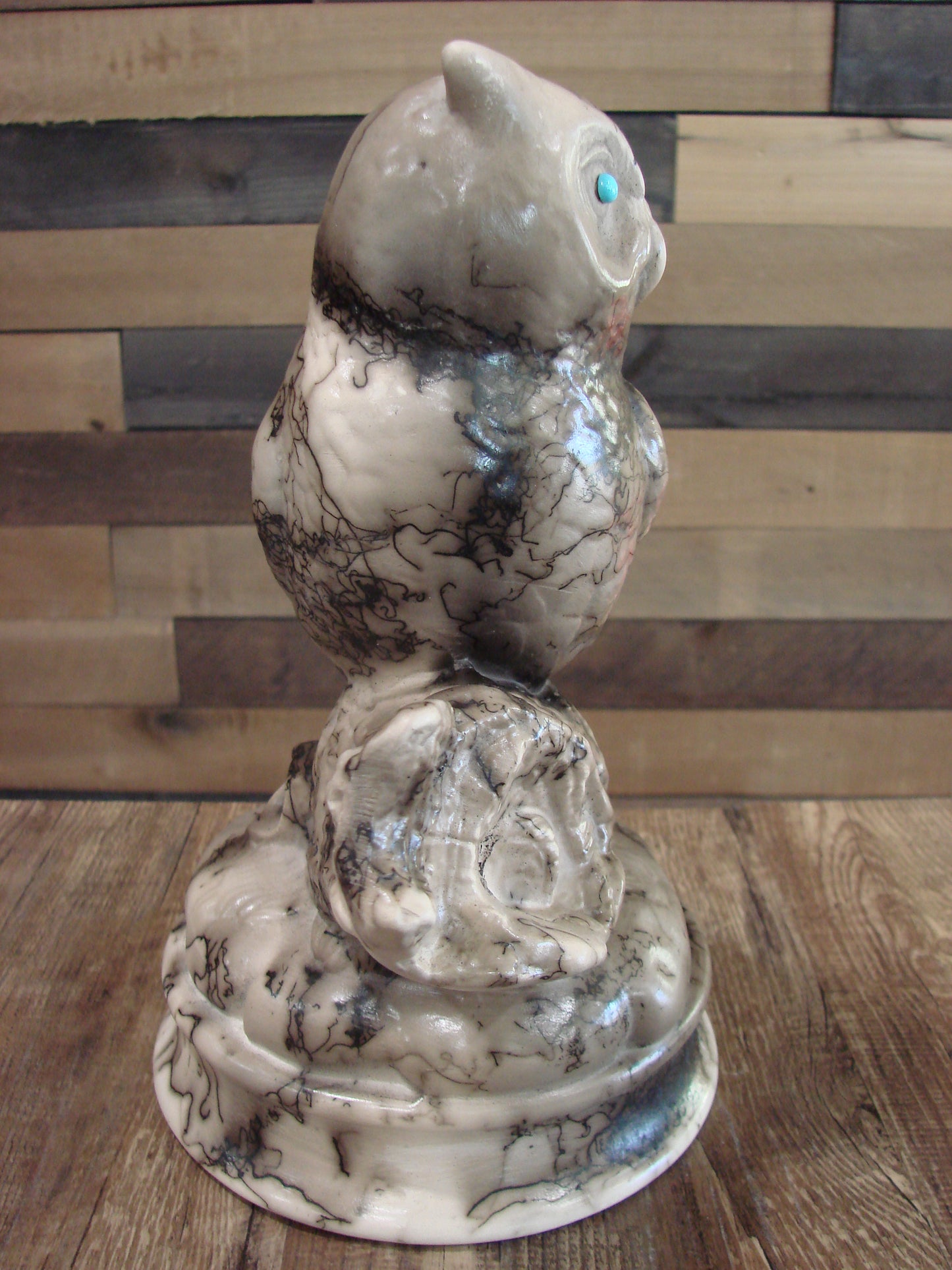 Native American Horse Hair Owl Pottery Sculpture by Vail