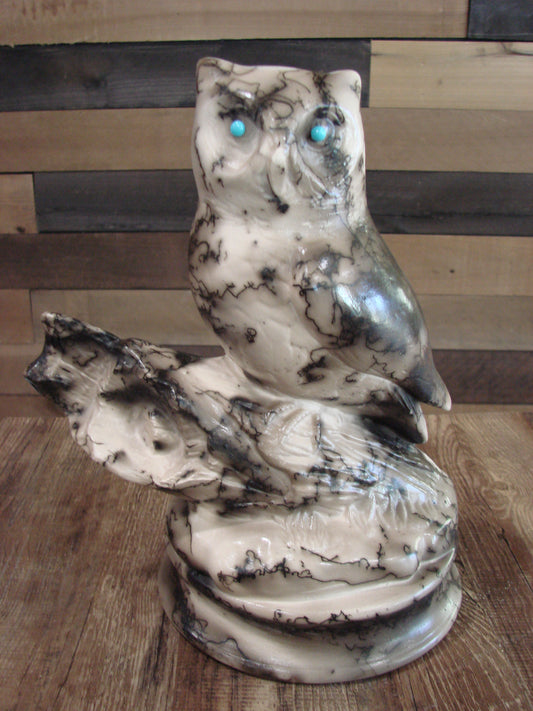 Native American Horse Hair Owl Pottery Sculpture by Vail