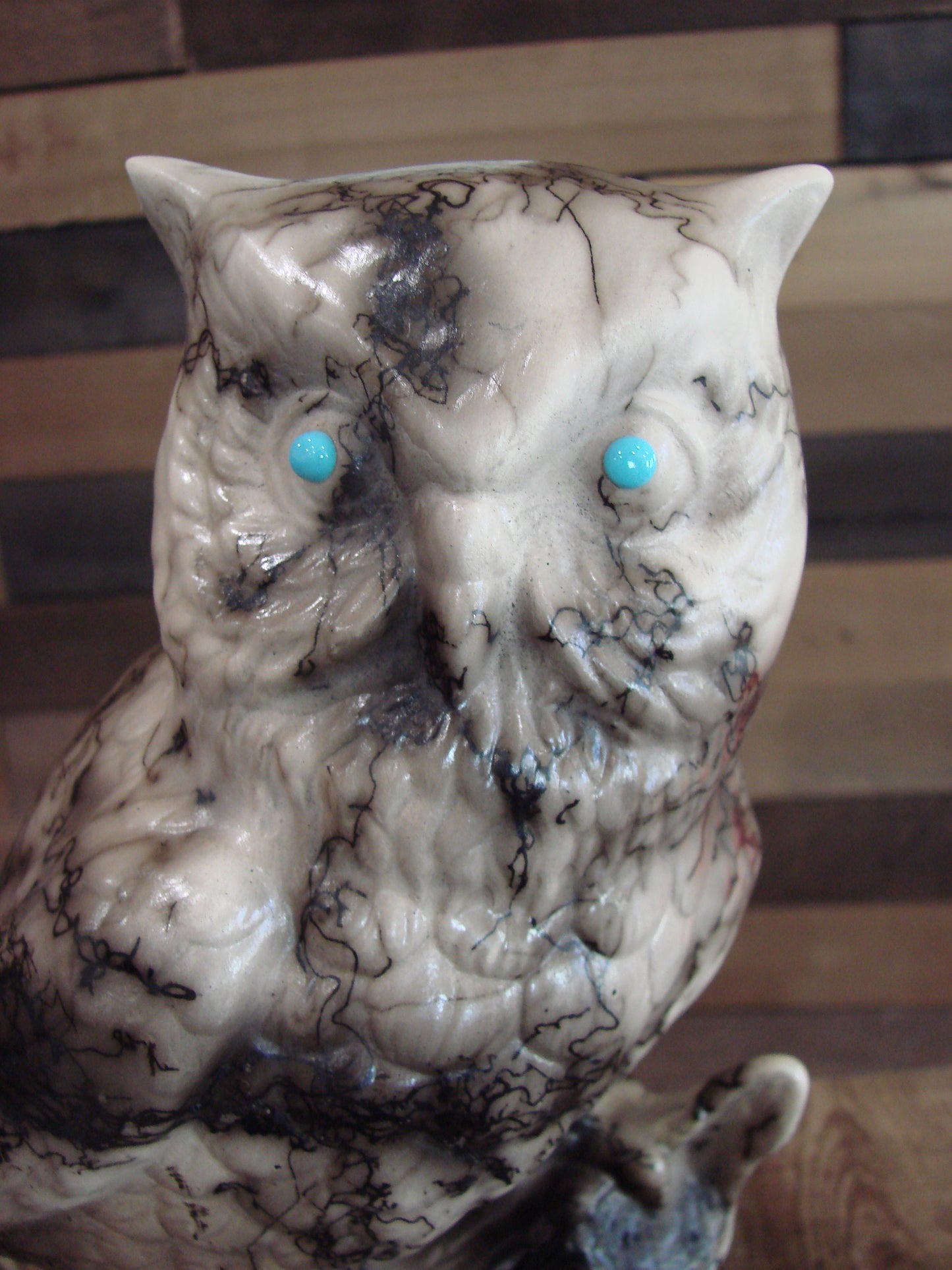 Native American Horse Hair Owl Pottery Sculpture by Vail