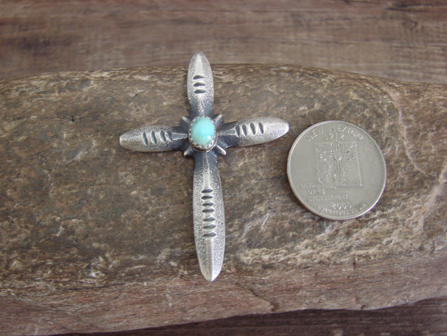 Native American Sterling Silver & Turquoise Cross Pendant Signed Cayatineto