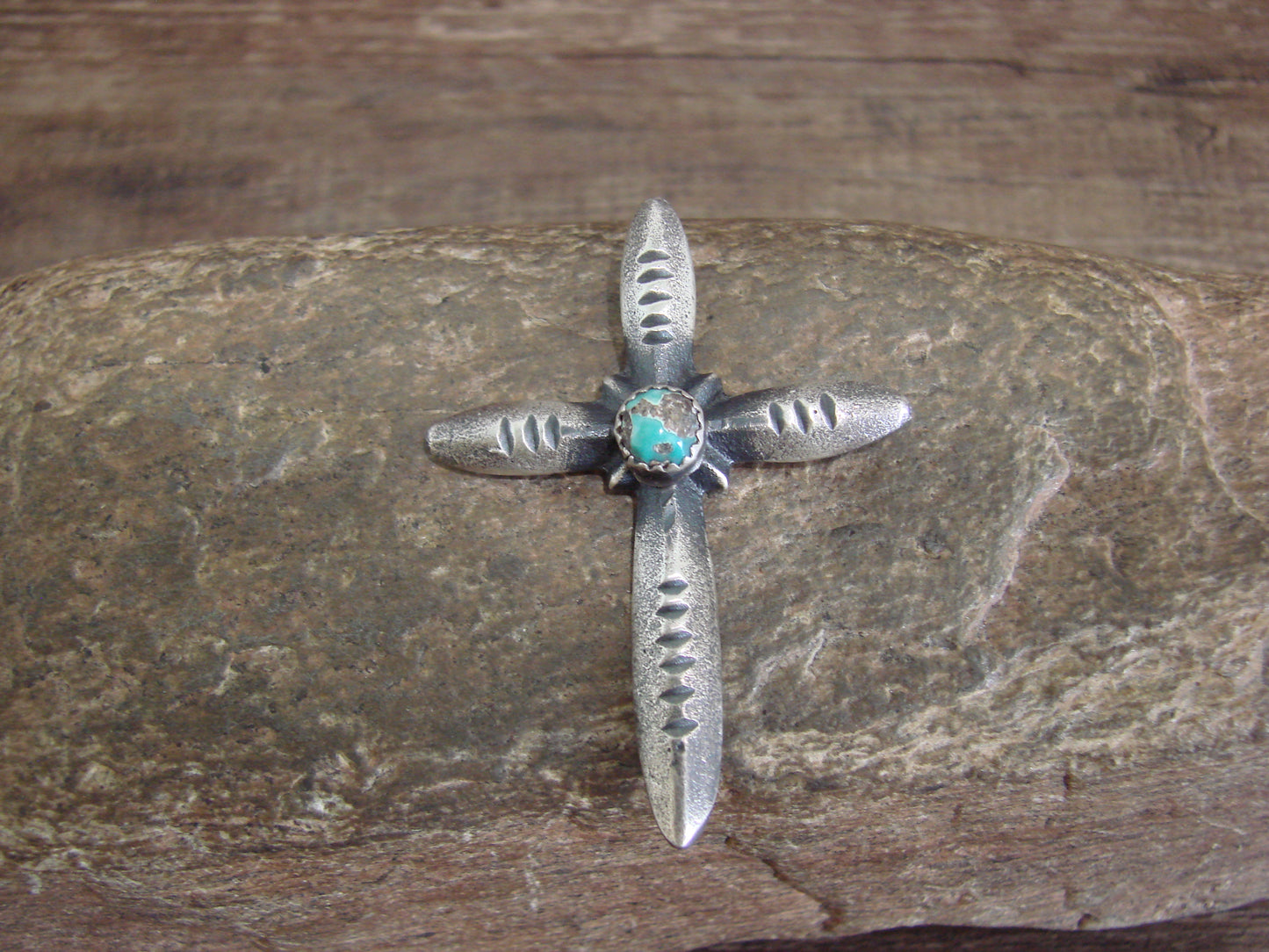 Native American Sterling Silver & Turquoise Cross Pendant Signed Cayatineto