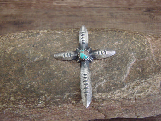 Native American Sterling Silver & Turquoise Cross Pendant Signed Cayatineto