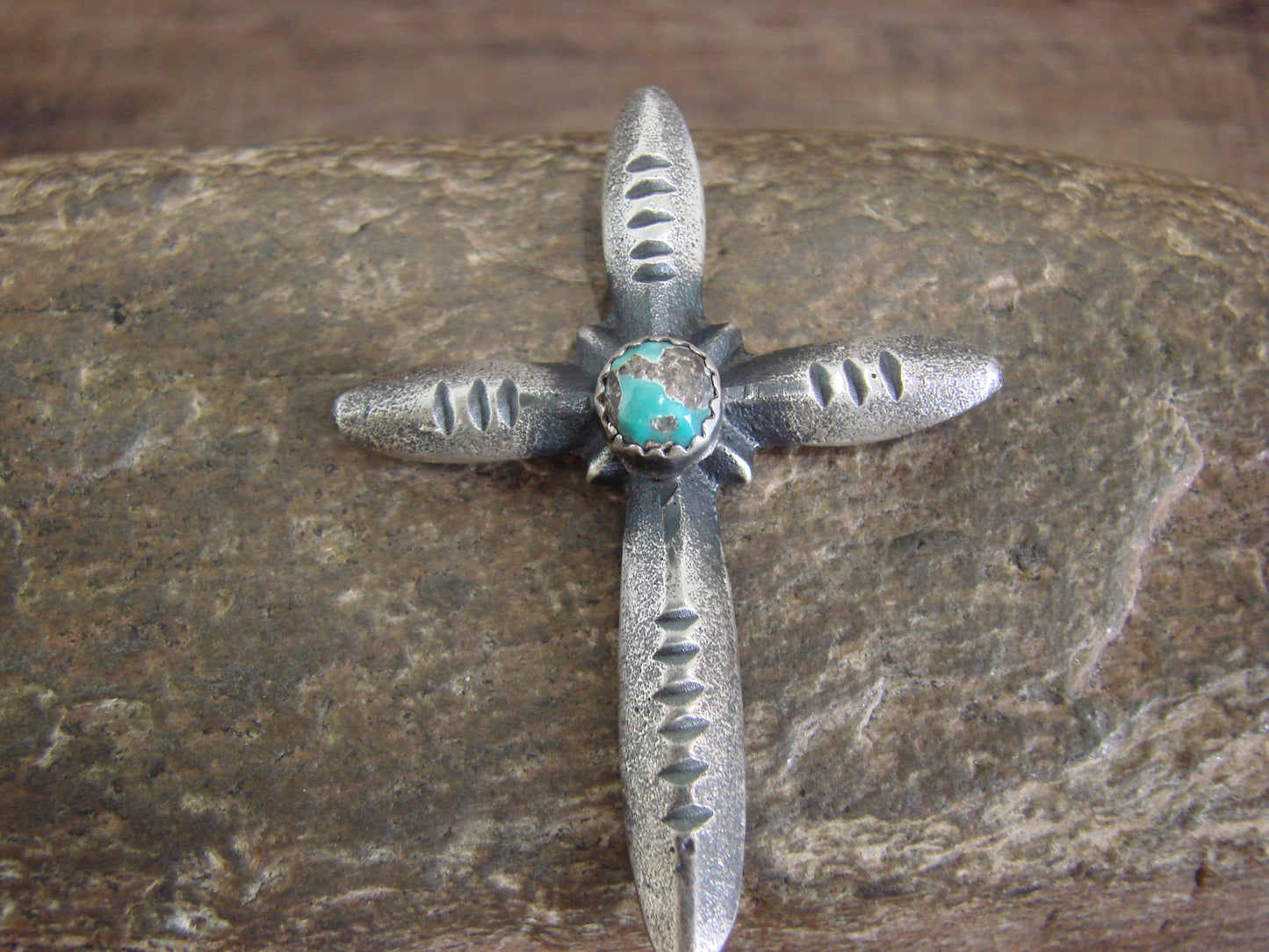 Native American Sterling Silver & Turquoise Cross Pendant Signed Cayatineto