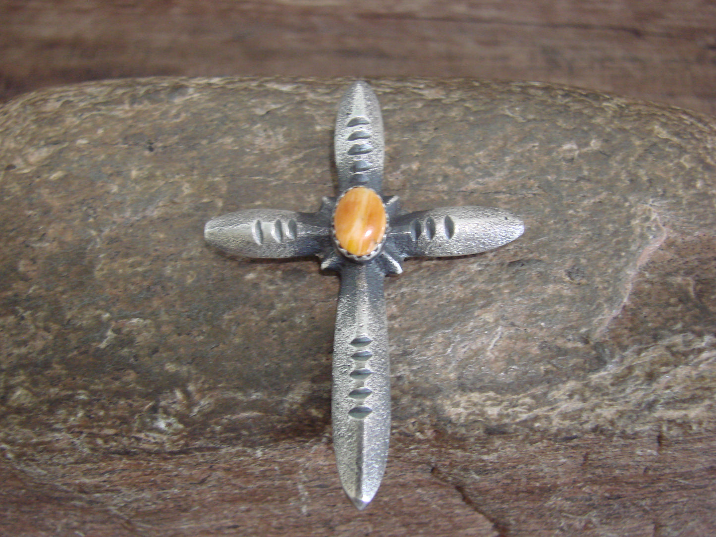 Native American Sterling Silver & Spiny Oyster Cross Pendant Signed Cayatineto