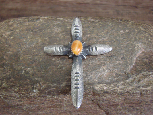 Native American Sterling Silver & Spiny Oyster Cross Pendant Signed Cayatineto