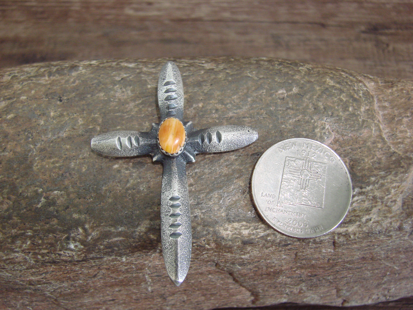 Native American Sterling Silver & Spiny Oyster Cross Pendant Signed Cayatineto