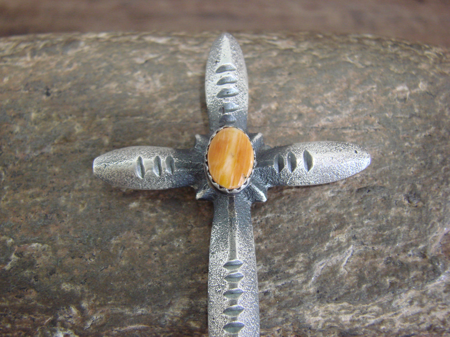 Native American Sterling Silver & Spiny Oyster Cross Pendant Signed Cayatineto