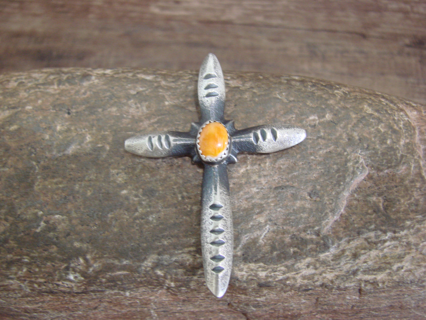 Native American Sterling Silver & Spiny Oyster Cross Pendant Signed Cayatineto