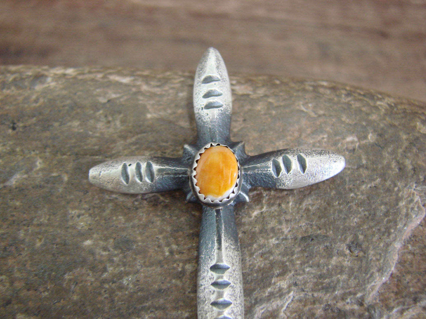 Native American Sterling Silver & Spiny Oyster Cross Pendant Signed Cayatineto