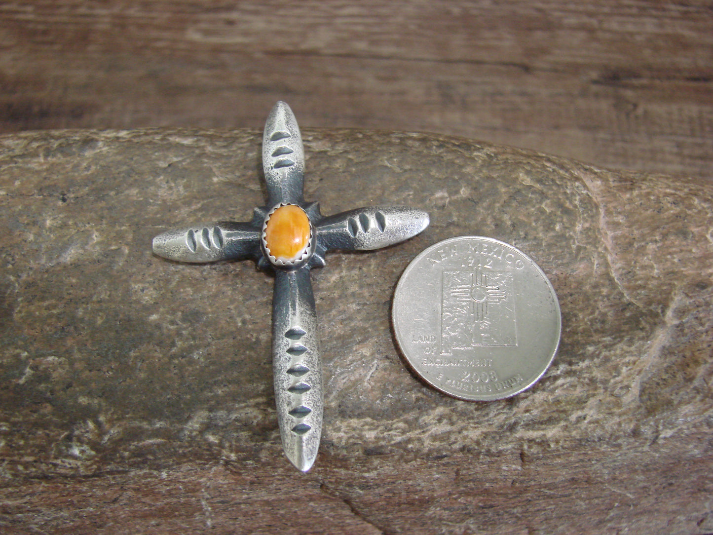 Native American Sterling Silver & Spiny Oyster Cross Pendant Signed Cayatineto