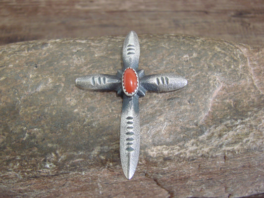 Native American Sterling Silver & Coral Cross Pendant Signed Cayatineto