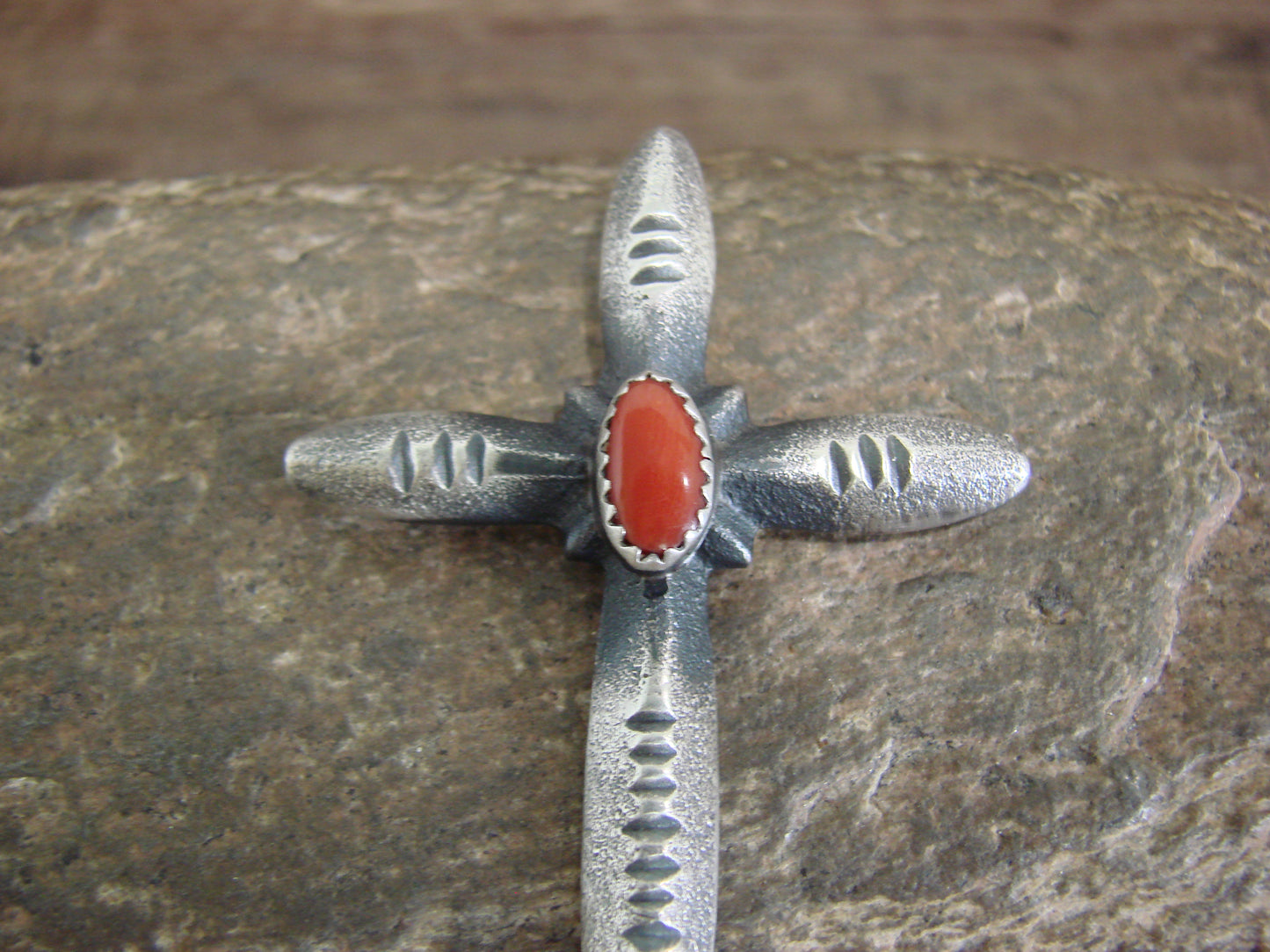 Native American Sterling Silver & Coral Cross Pendant Signed Cayatineto