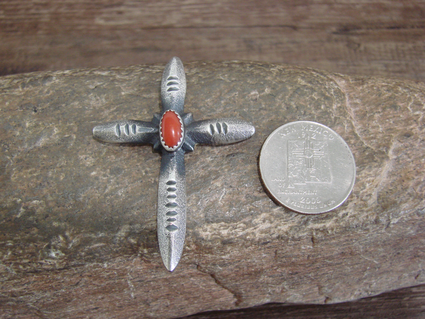 Native American Sterling Silver & Coral Cross Pendant Signed Cayatineto