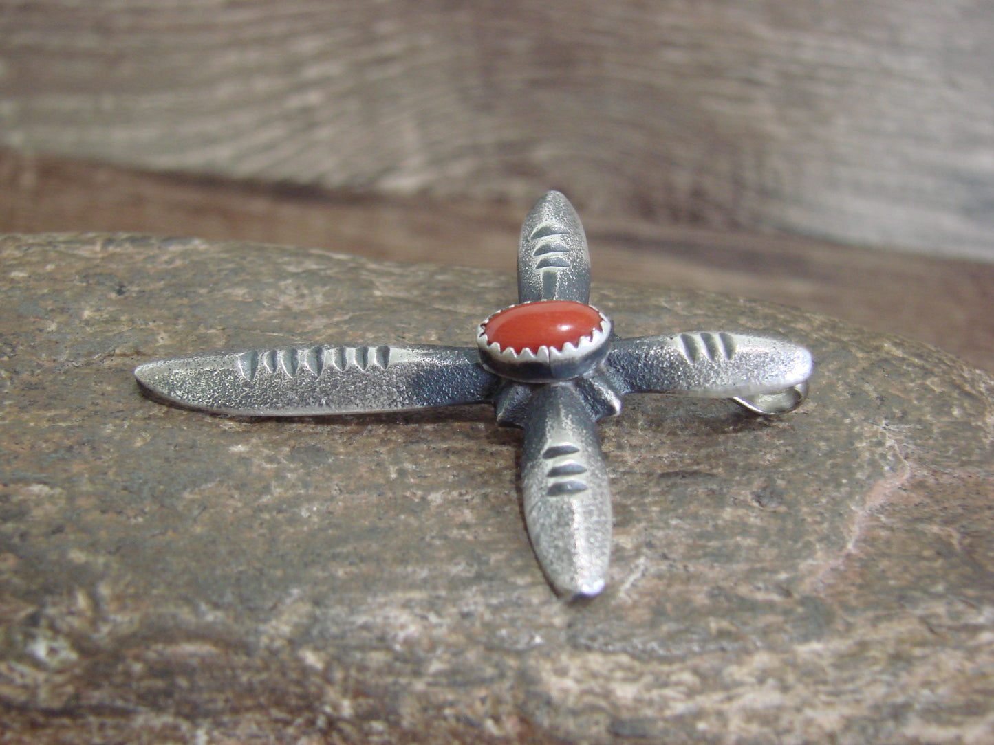 Native American Sterling Silver & Coral Cross Pendant Signed Cayatineto