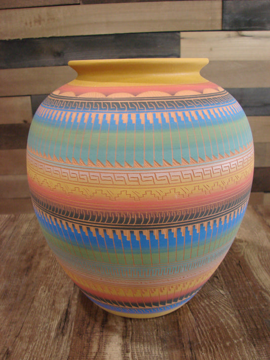 Native American Navajo Hand Etched & Hand Painted Pottery - SAM