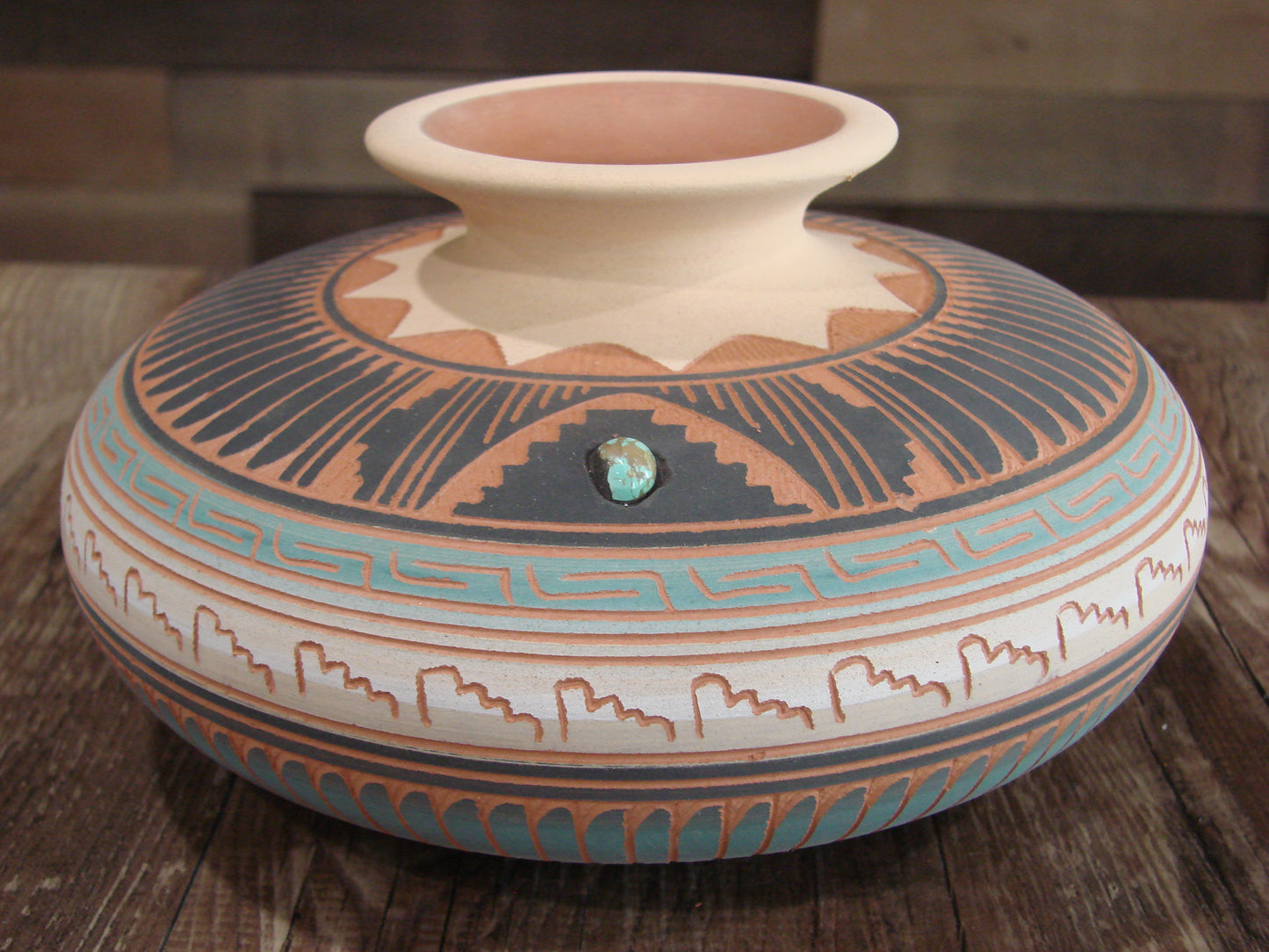 Native American Navajo Hand Etched & Hand Painted Pottery - Valencia