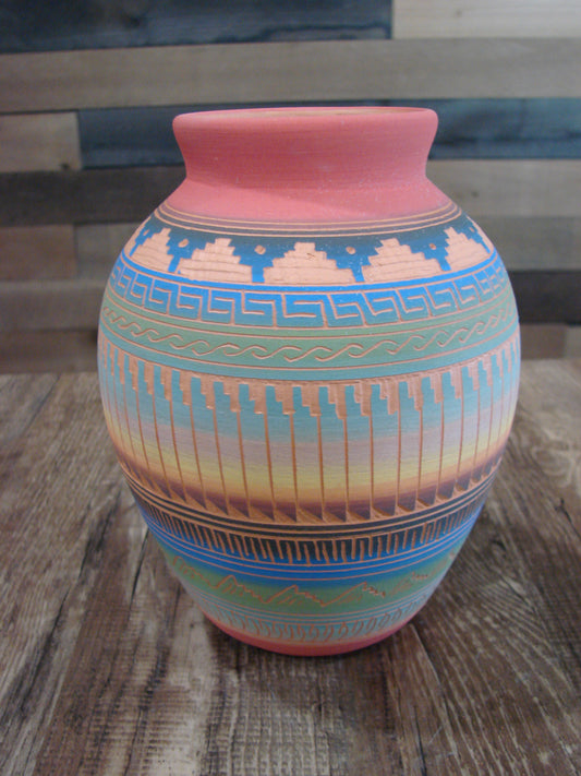 Native American Navajo Hand Etched & Hand Painted Pottery - SAM