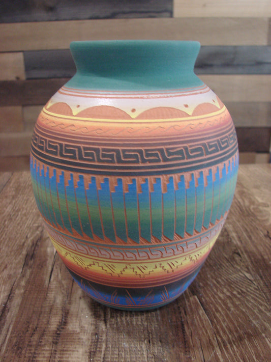 Native American Navajo Hand Etched & Hand Painted Pottery - SAM