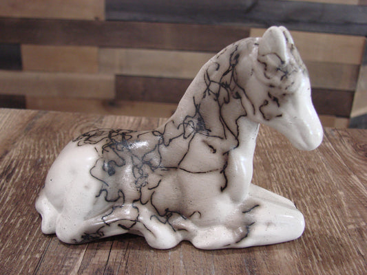 Native American Horse Hair Laying Horse Sculpture Pottery by Vail