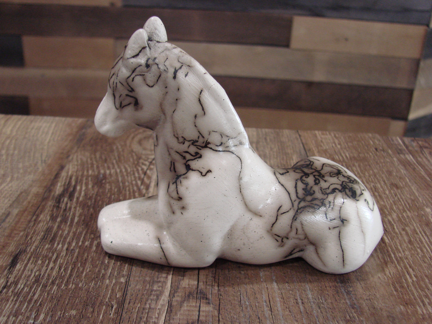 Native American Horse Hair Laying Horse Sculpture Pottery by Vail