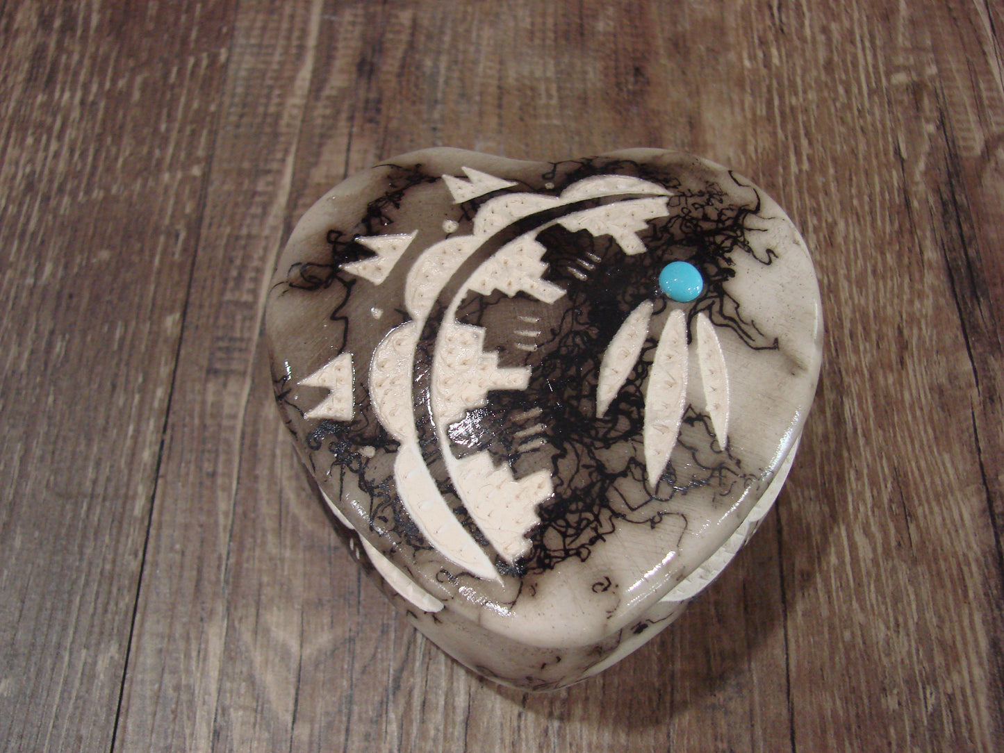 Native American Heart Pottery Horse Hair Jewelry Trinket Box by Vail