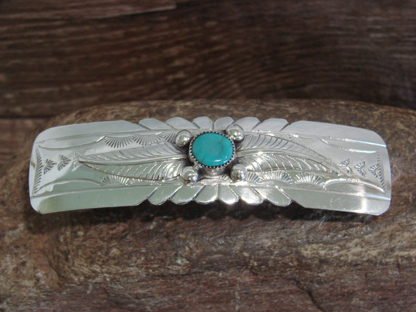 Native American Sterling Silver & Turquoise Hair Barrette Signed WM