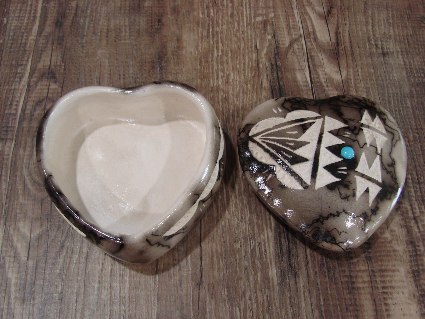 Native American Heart Pottery Horse Hair Jewelry Trinket Box by Vail