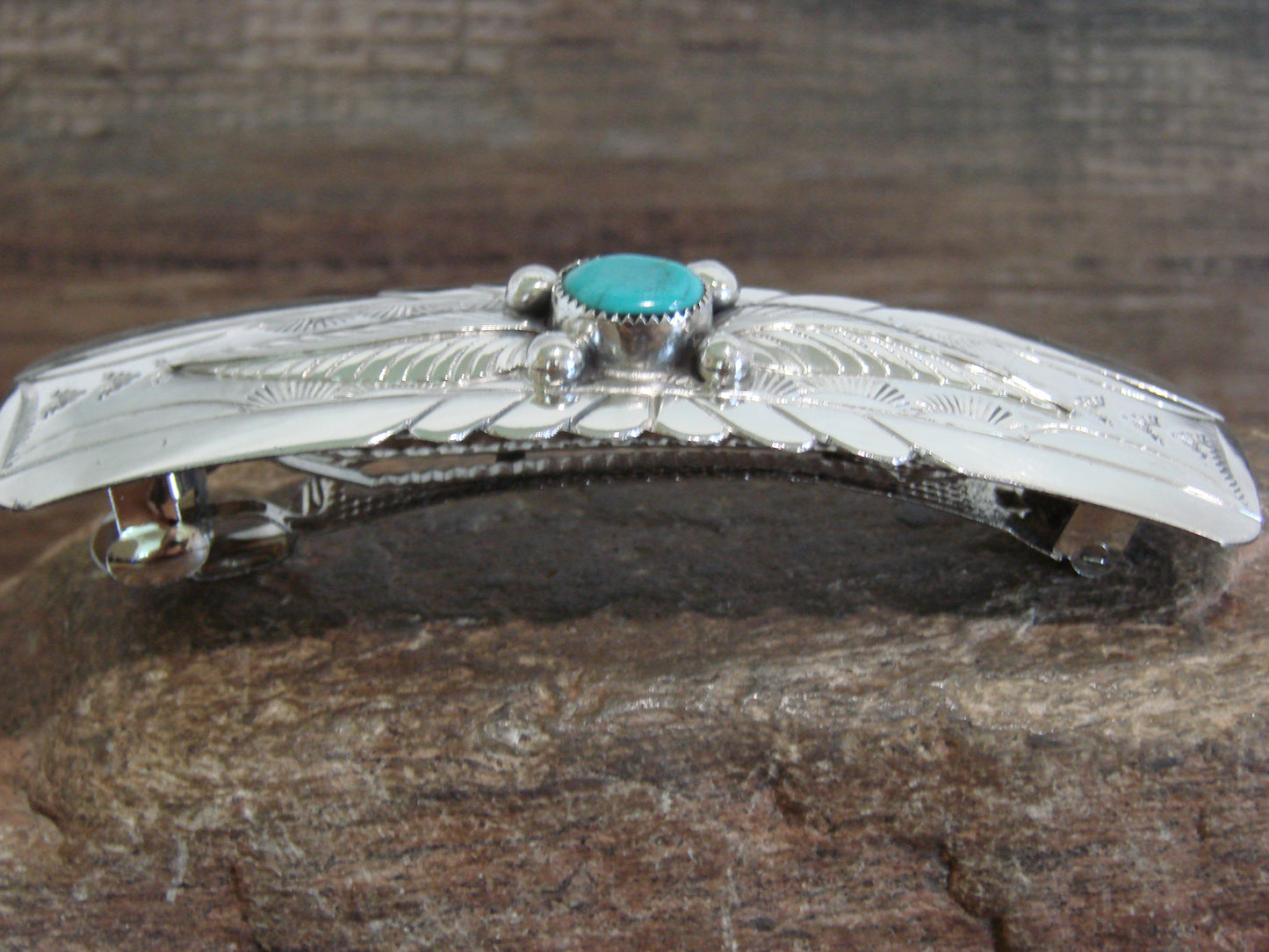 Native American Sterling Silver & Turquoise Hair Barrette Signed WM