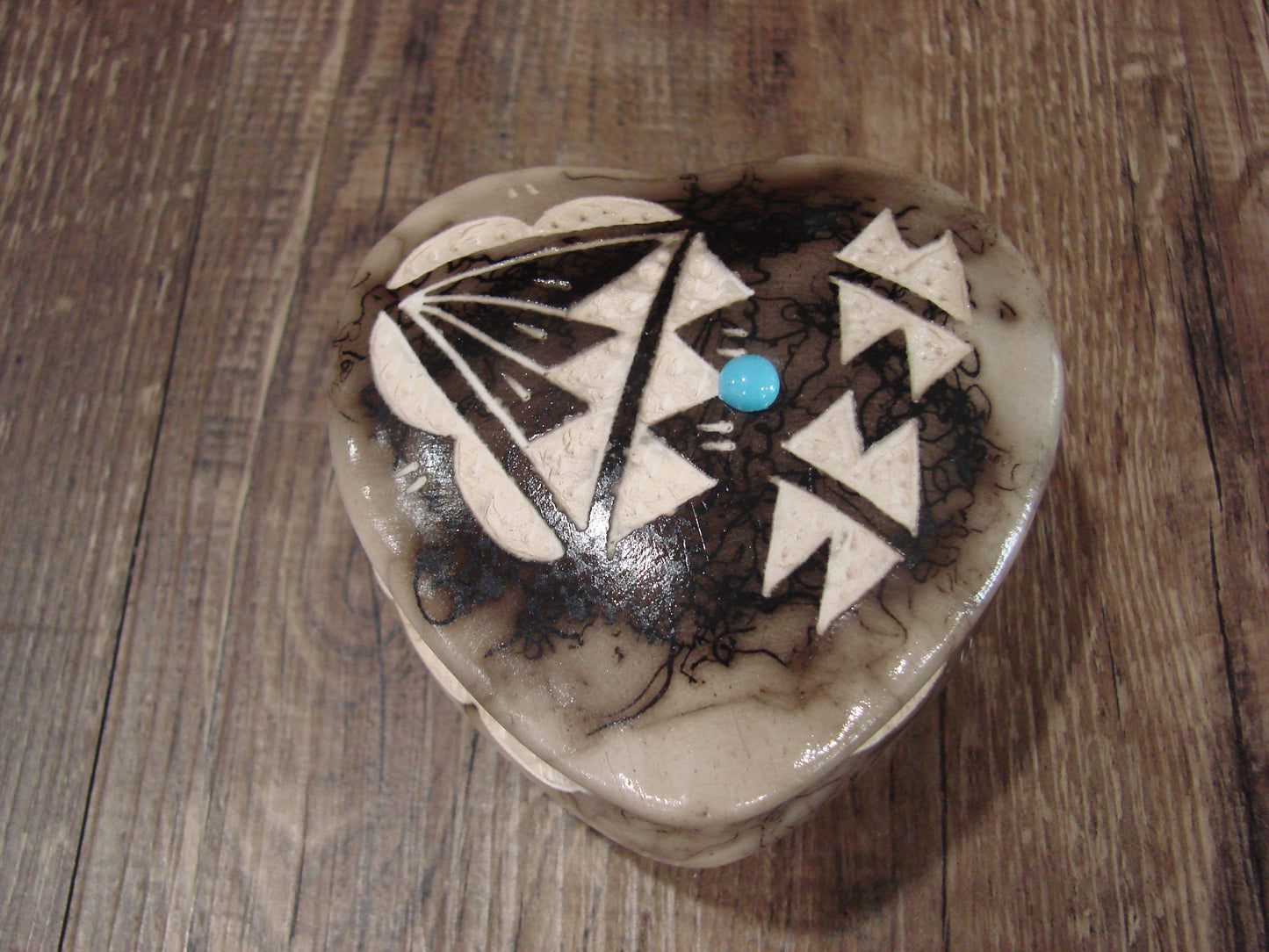 Native American Heart Pottery Horse Hair Jewelry Trinket Box by Vail
