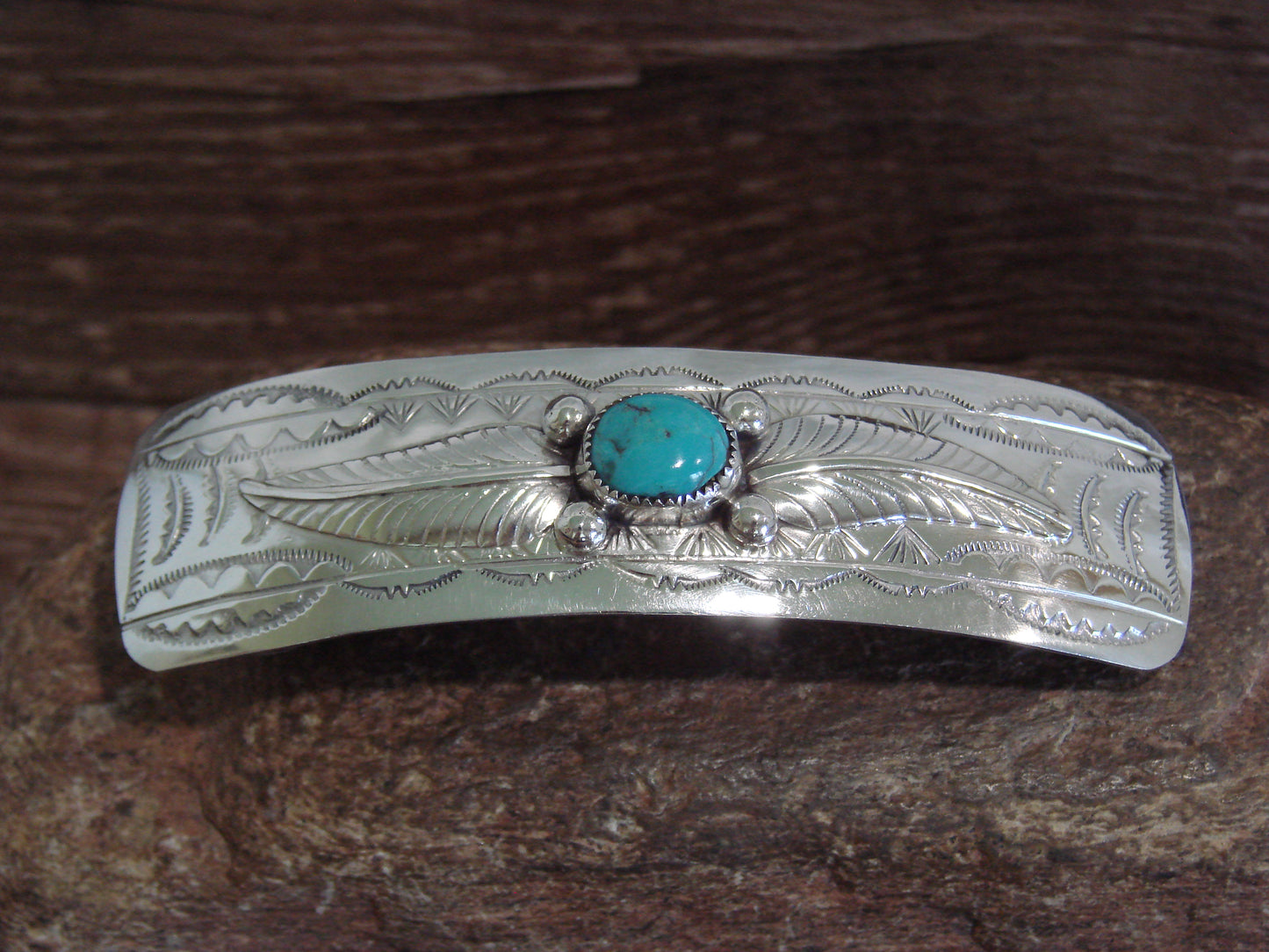 Native American Sterling Silver & Turquoise Hair Barrette Signed WM
