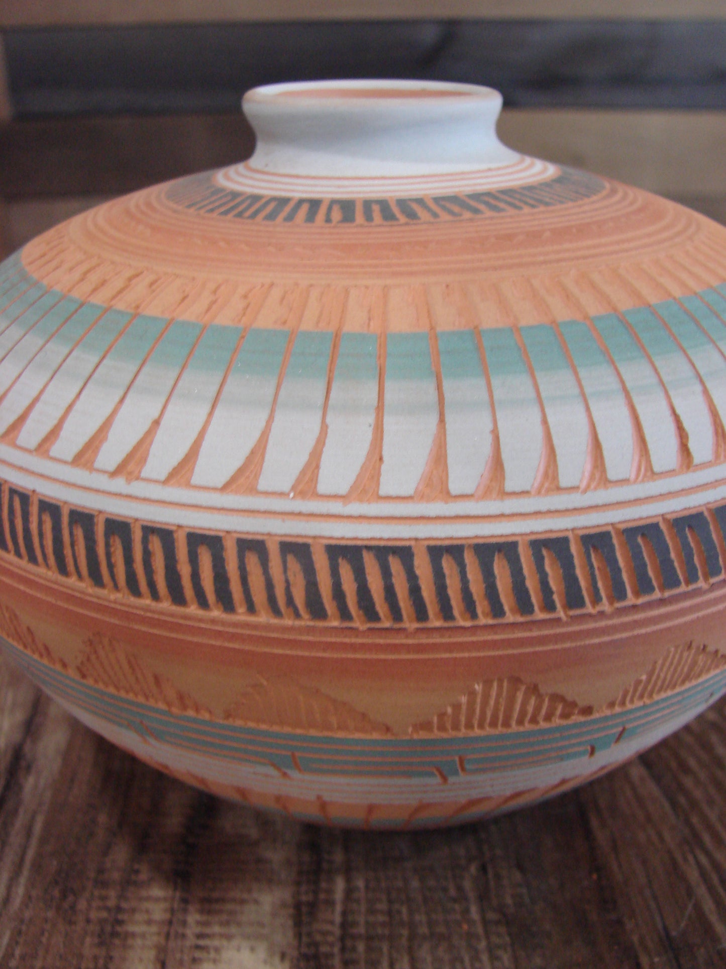 Native American Navajo Hand Etched & Hand Painted Pottery - Charlie