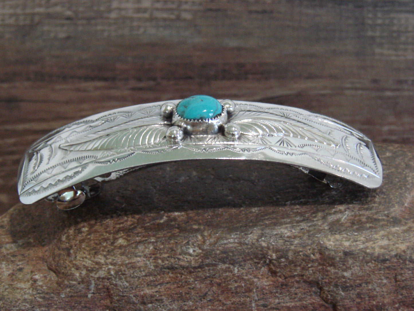 Native American Sterling Silver & Turquoise Hair Barrette Signed WM