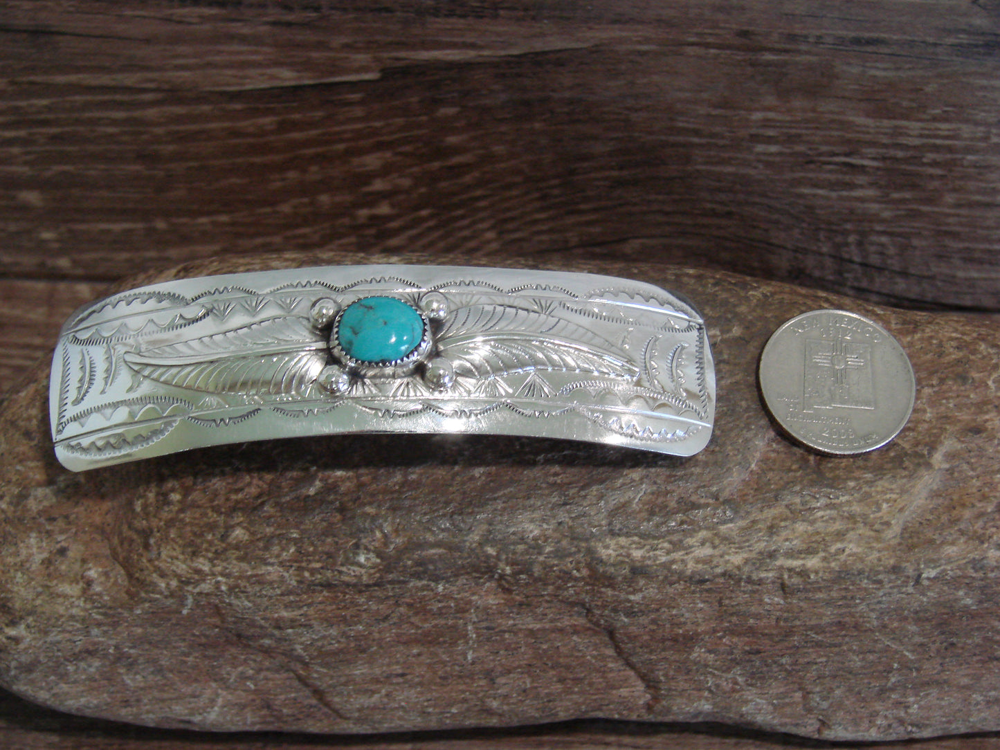 Native American Sterling Silver & Turquoise Hair Barrette Signed WM