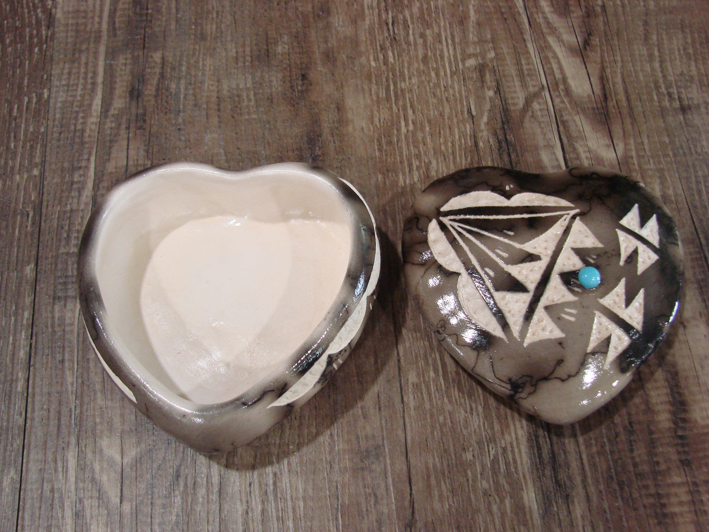 Native American Heart Pottery Horse Hair Jewelry Trinket Box by Vail