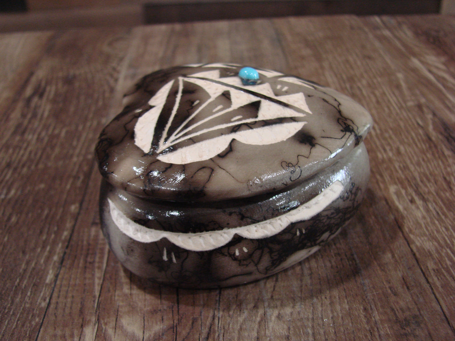 Native American Heart Pottery Horse Hair Jewelry Trinket Box by Vail