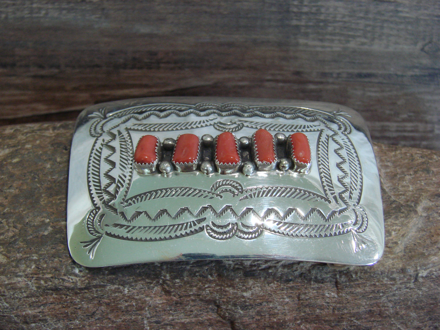 Native American Sterling Silver & Coral Belt Buckle by Begay