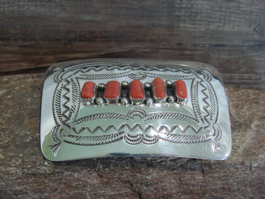 Native American Sterling Silver & Coral Belt Buckle by Begay
