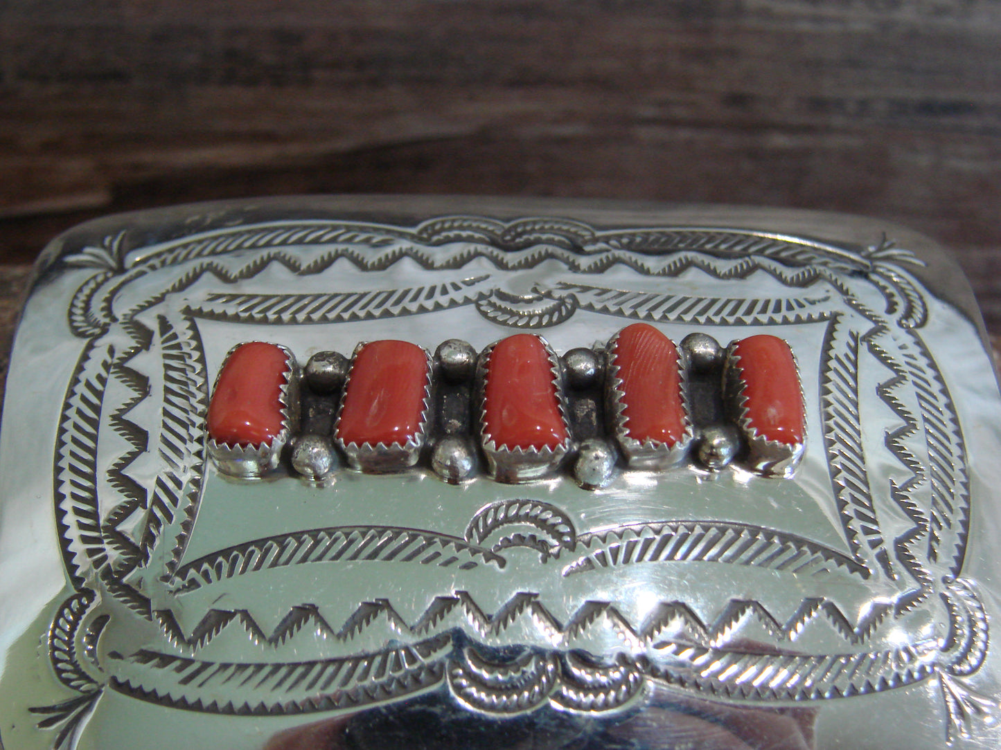 Native American Sterling Silver & Coral Belt Buckle by Begay