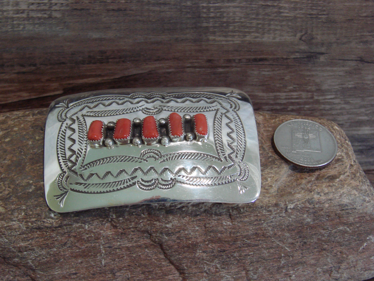Native American Sterling Silver & Coral Belt Buckle by Begay