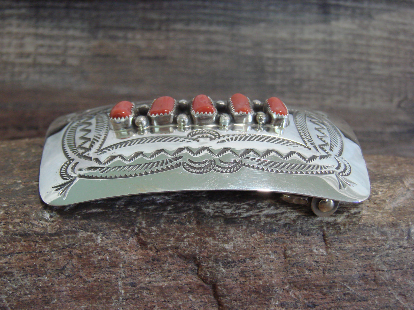 Native American Sterling Silver & Coral Belt Buckle by Begay